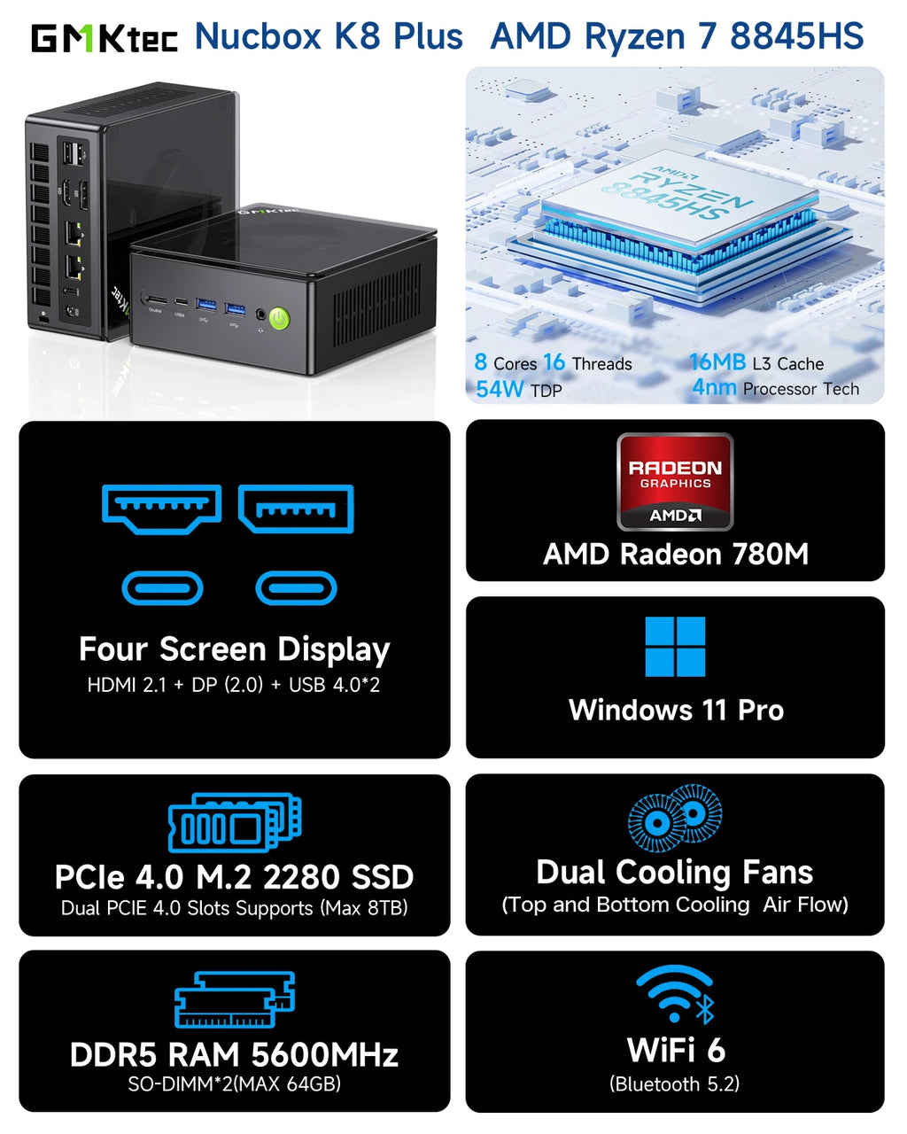 GMKtec K8 Plus Mini PC AMD R7 8845HS 8-core 16-thread DDR5 5600Mhz Pcie 4.0 SSD WIFI6 BT5.2 Win11 Pro Desktop Gaming PC