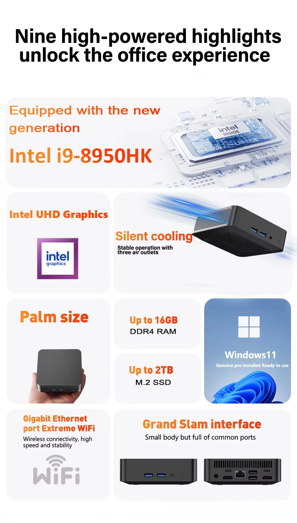 NEW Mini PC Intel Core i9 8950HK 16GB RAM 1/2TB SSD Bluetooth 5.2 WiFi6 1000M Ethernet Windows 11 Gaming Office PC