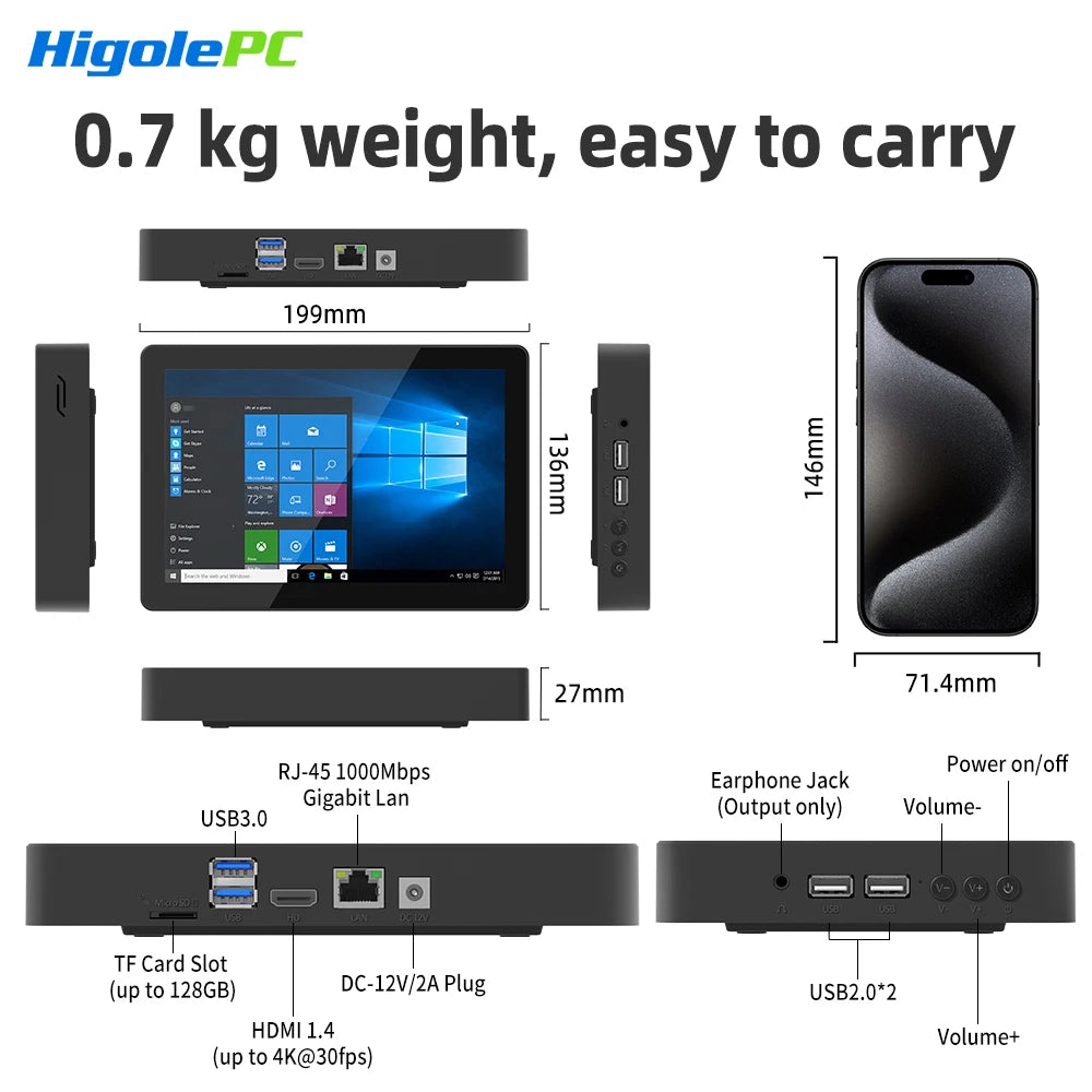 Higole F3APL 8'' Fanless Mini PC Intel J3455 Windows 10 WiFi5 4GB 64GB 2340mAh with Screen 4K Laptop Desktop PC Mini Computers