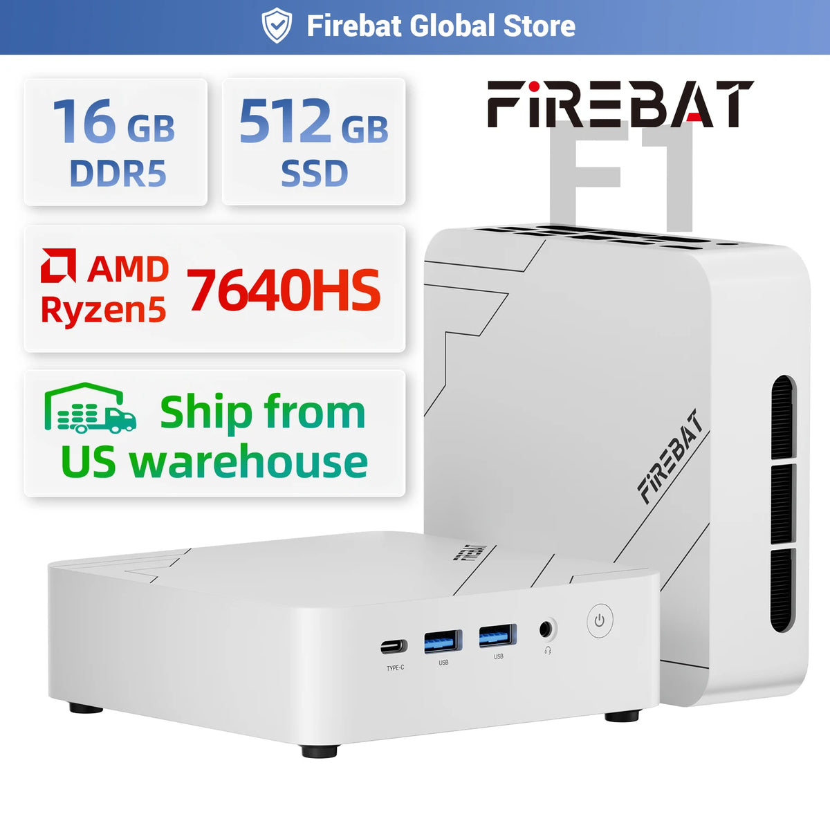 FIREBAT F1 MINI PC AMD Ryzen 5 7640HS DDR5 16GB RAM 512GB SSD WIFI6 BT5.2 Portable Window 11 Pro Gaming Desktop Computer
