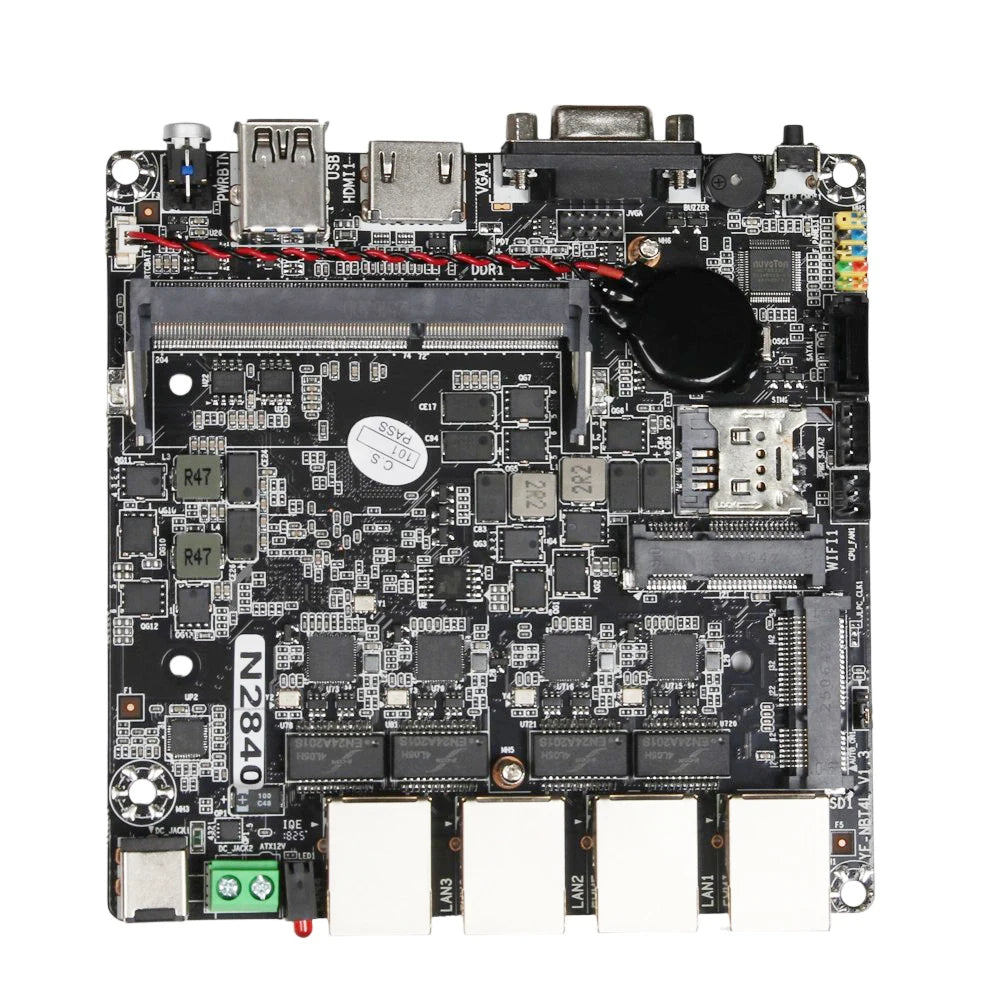 Mini PC Firewall Motherboard Intel Celeron N2830 J1900 4x 2.5G Ethernet HDMI VGA 2xUSB Mini PICE SIM Slot SATA mSATA 12X12CM