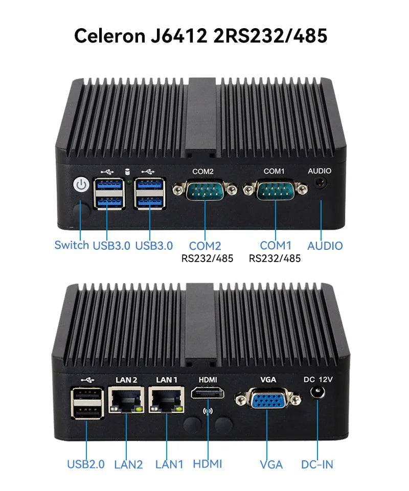 Helorpc Industrial Mini PC with Inter i3 i5 Celeron Processor Support WIN10 Linux RS232 WiFi with 4xUSB 1xHDMI 1xVGA Computer