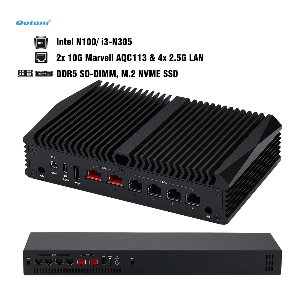 Qotom Mini PC Intel N100/ i3-N305, 2x 10G Marvell AQC113 & 4x 2.5G LAN, DDR5 Router Appliance for OpenWrt/ Linux, Mini Case/ 1U