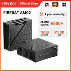 FIREBAT AM02 MINI PC AMD Ryzen 5 6600H LPDDR5 16GB 6400MHz RAM M.2 512GB SSD WIFI6 BT5.2 Portable Windows11 Desktop Computer