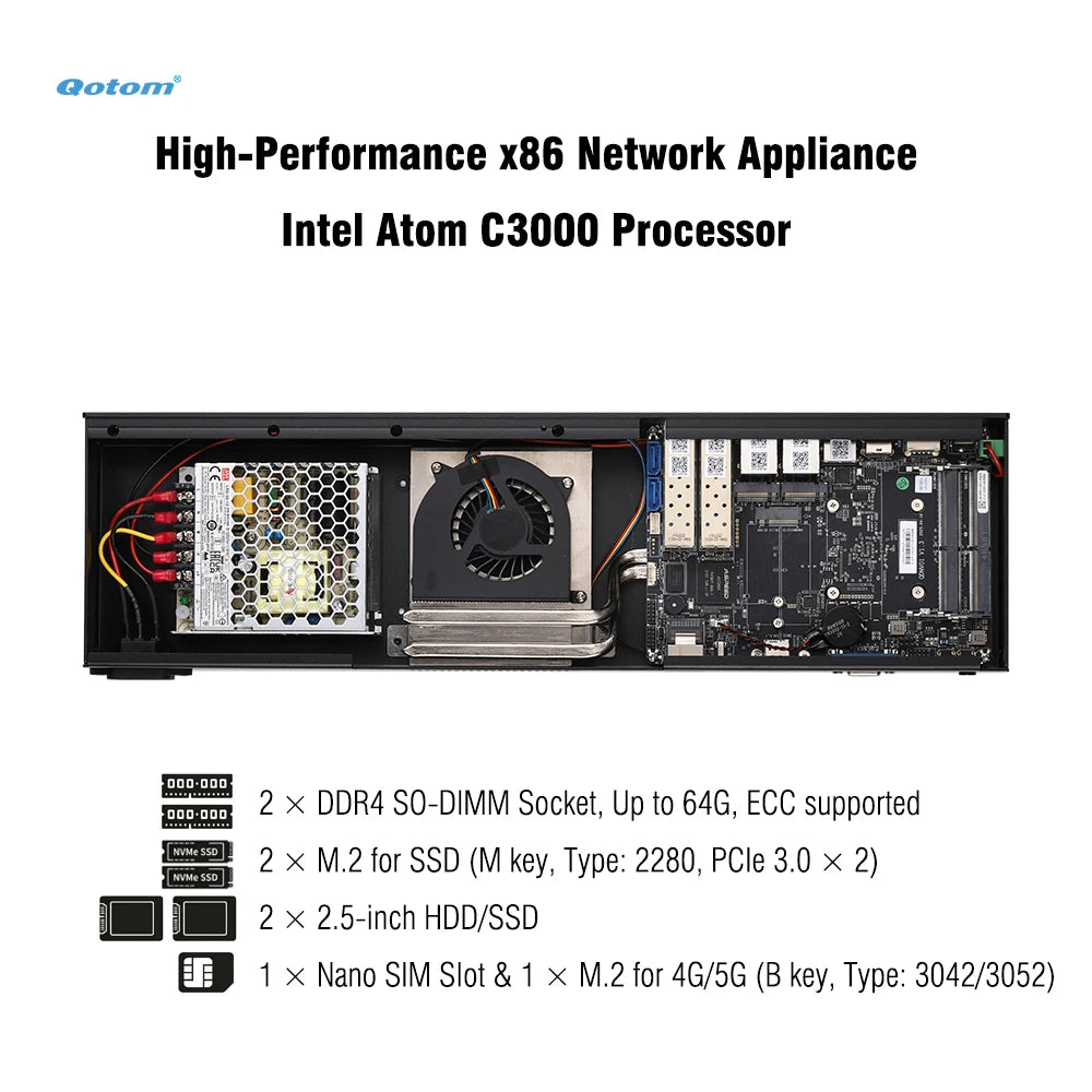 Q20300G9 1U Rack - Atom C3000 CPU, 4x 10G SFP+/ 5x 2.5G LAN, DDR4 RAM, Dual NVMe - PfSense/OPNsense Firewall Appliance