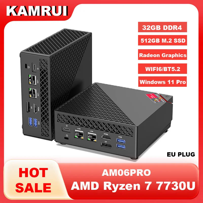 KAMRUI Mini Gaming PC AMD Ryzen7 7730U 32GB DDR4 3200MHz Dual Channel 512GB M.2 SSD up to 4.5Ghz WiFi6 BT5.2 4K Desktop Computer