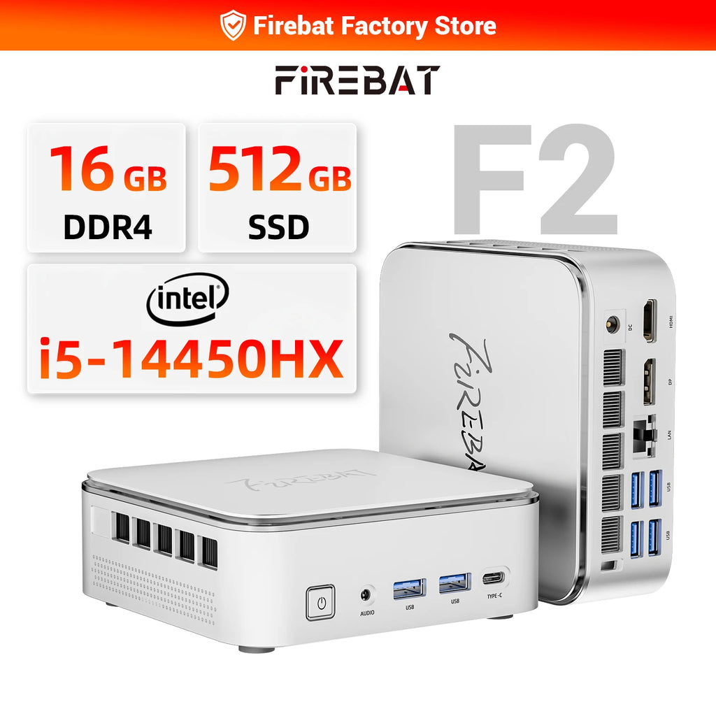 Firebat F2 Mini PC Intel Core i5-14450HX 10-Core 16-Thread Windows 11 16GB DDR4 RAM 512GB PCIe SSD WiFi 6 BT5.2 Triple Display