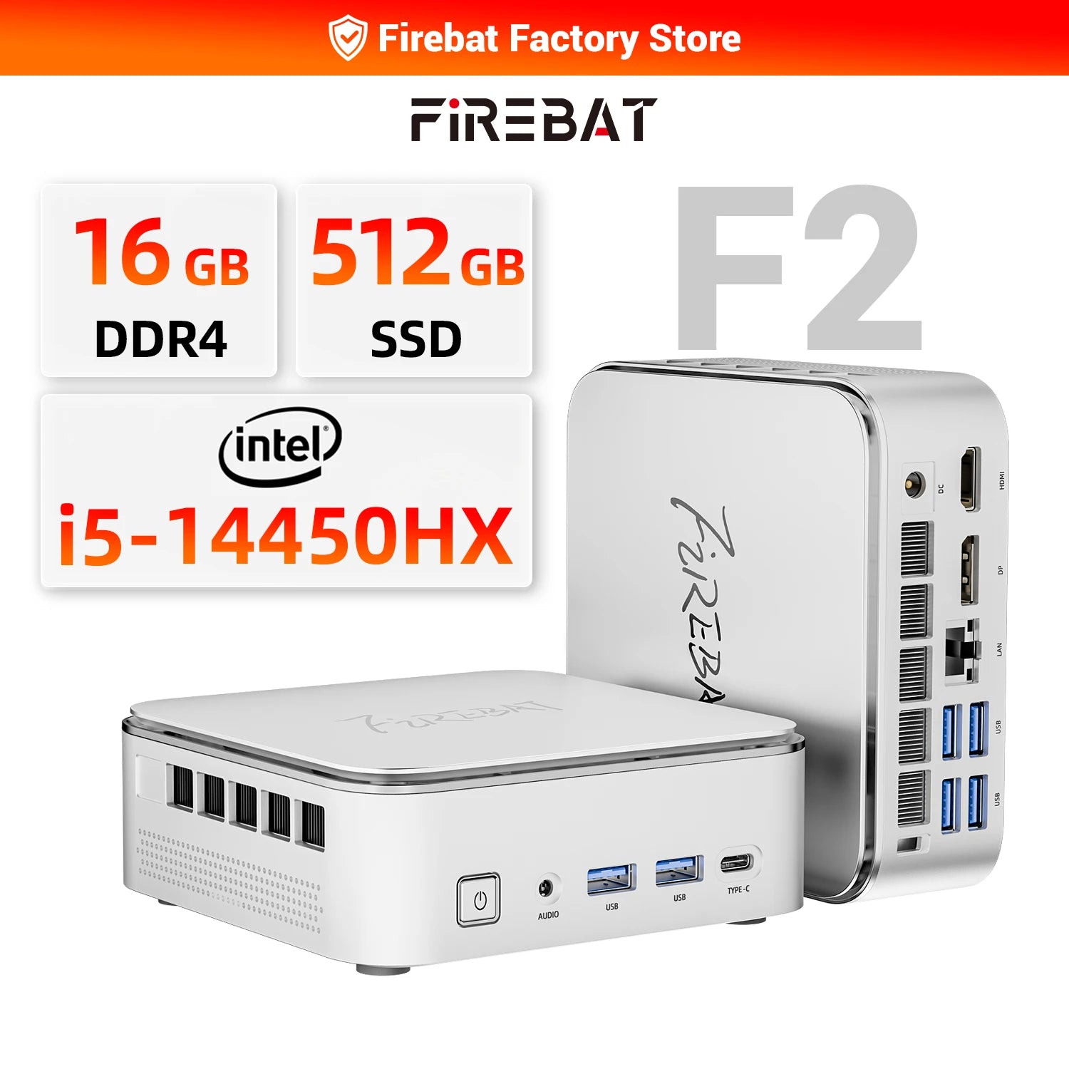 Firebat F2 Mini PC Intel Core i5-14450HX 10-Core 16-Thread Windows 11 16GB DDR4 RAM 512GB PCIe SSD WiFi 6 BT5.2 Triple Display