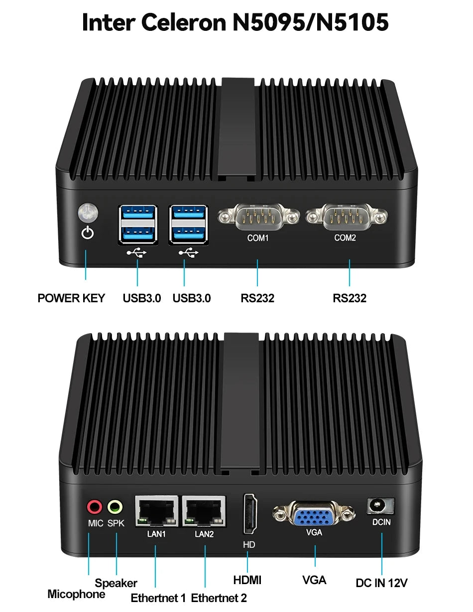 Industrial Fanless Mini PC Celeron J6412 Core i3-5005U Dual LAN 2*COM HDMI WIFI Windows 10 Nettop Office Computer minipc Desktop