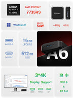 Firebat A6 Mini PC AMD R7 7735HS 8-core 16-thread Computer 16GB LPDDR5 RAM 512GB SSD WiFi 6 BT5.2 Mini PC 4K Desktop Computer