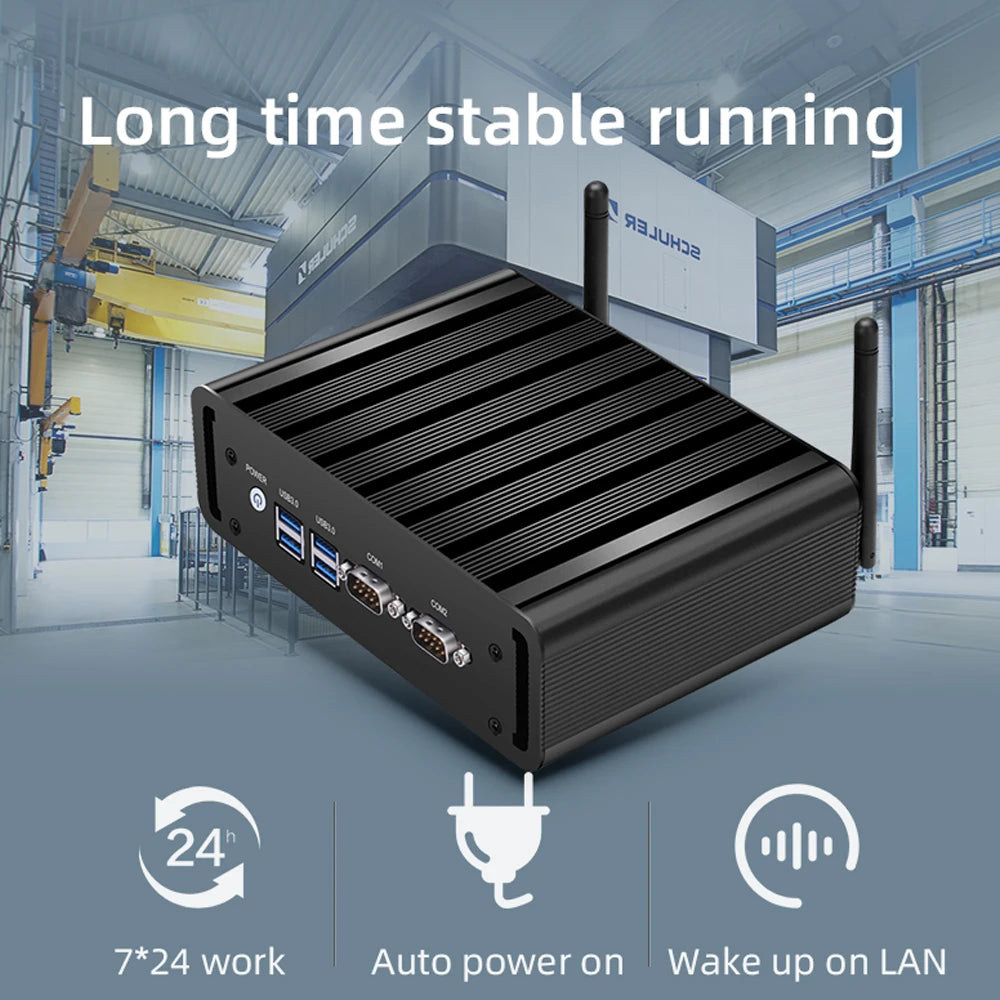 BEBEPC Industrial Mini PC Fanless Intel Core i5 5200U i7 4500U 2*COM RS232 Mini Computer Desktop Celeron Windows 10 Wifi HD 2LAN